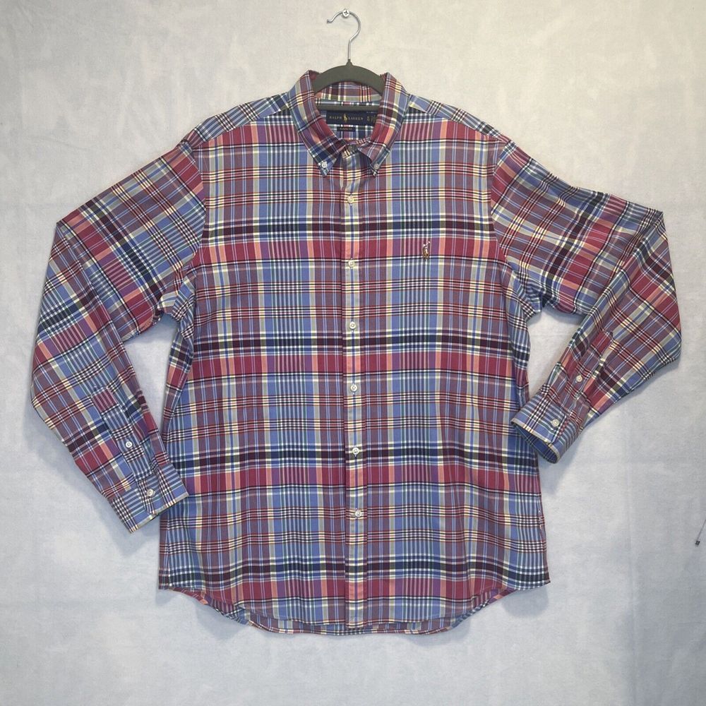 Polo Ralph Lauren Long Sleeve Shirt Pink Blue Plaid Classic Cotton Oxford $98 XL